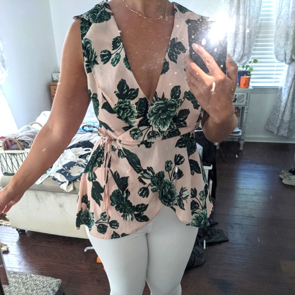 Pink and green wrap top